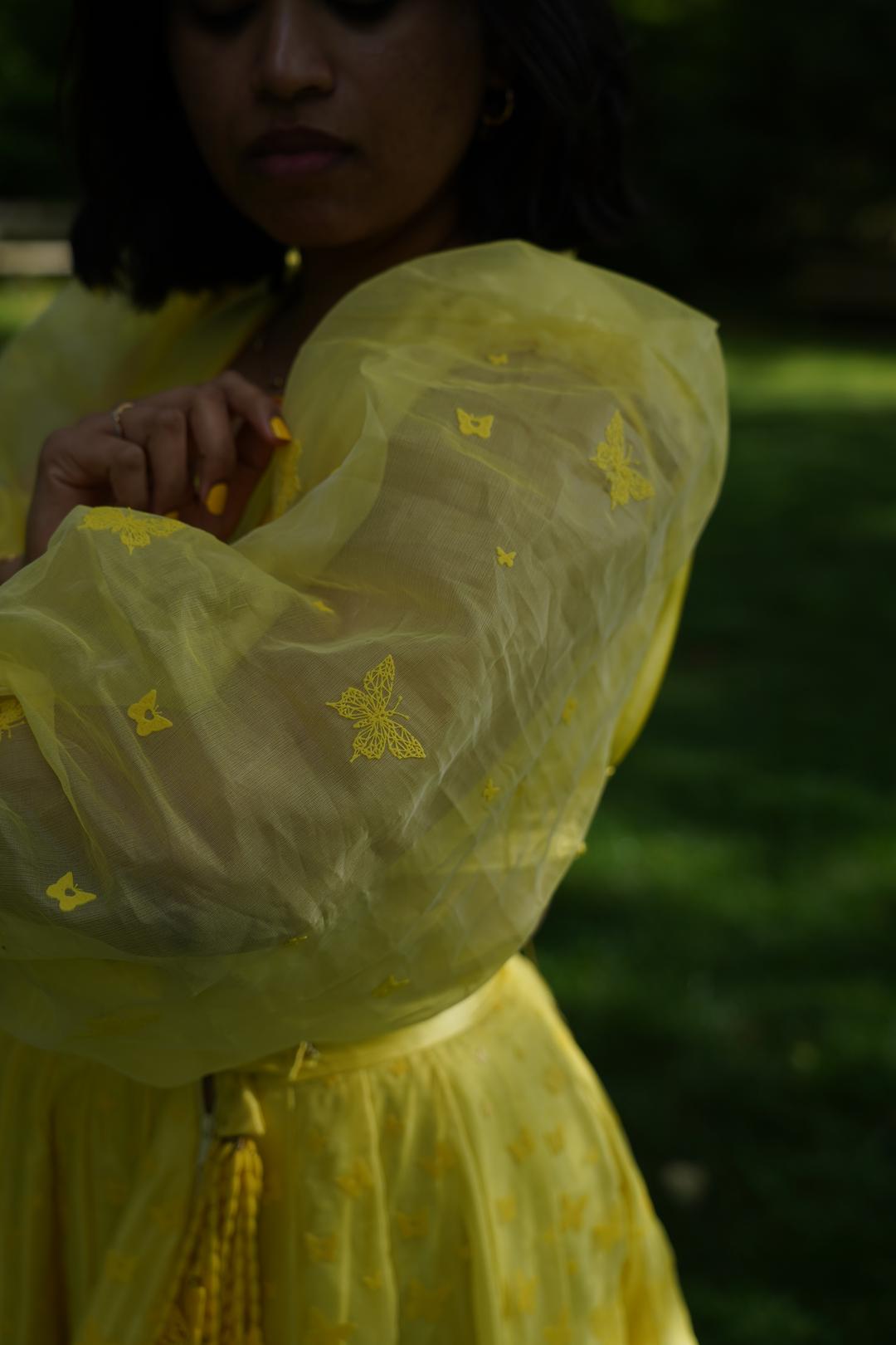 Yellow Lehenga with 3D printed Butterflies sleeves