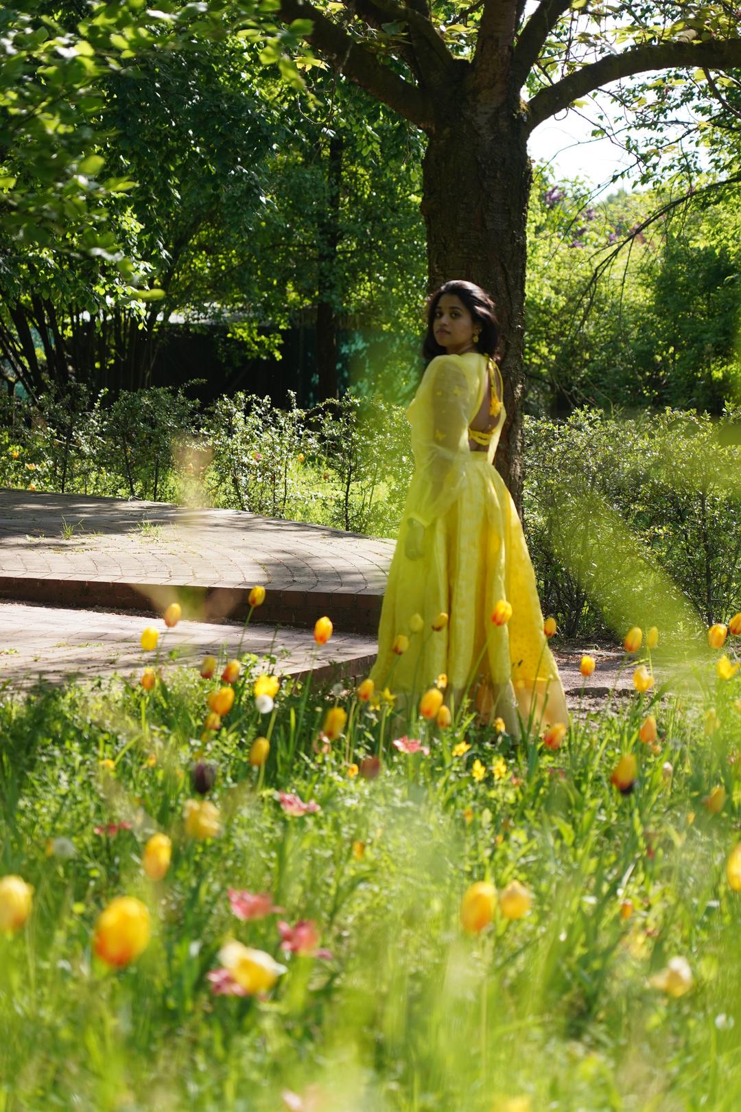 Yellow Lehenga with 3D printed Butterflies with tulips