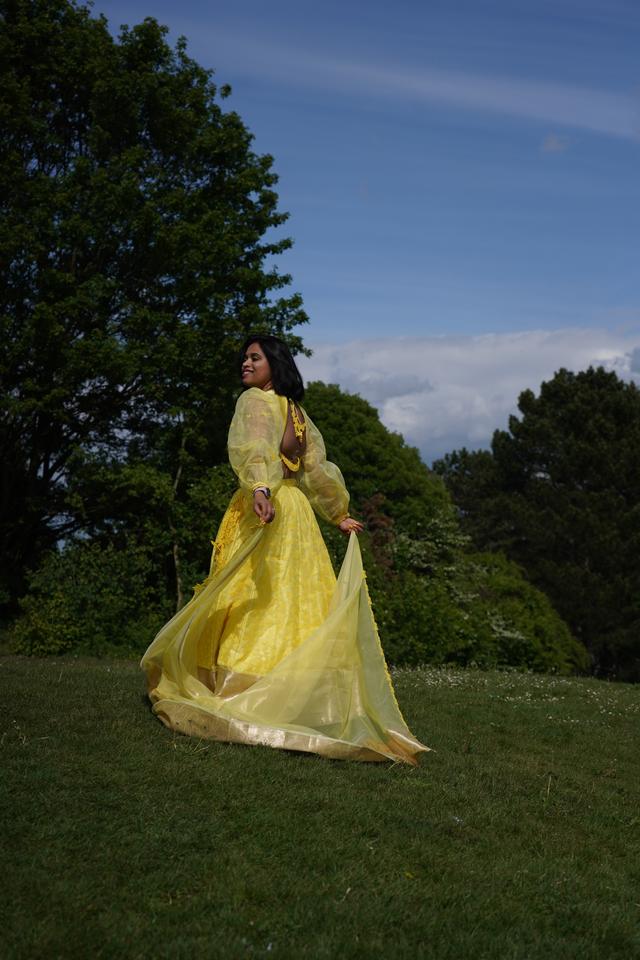 Yellow Lehenga with 3D printed Butterflies full overview