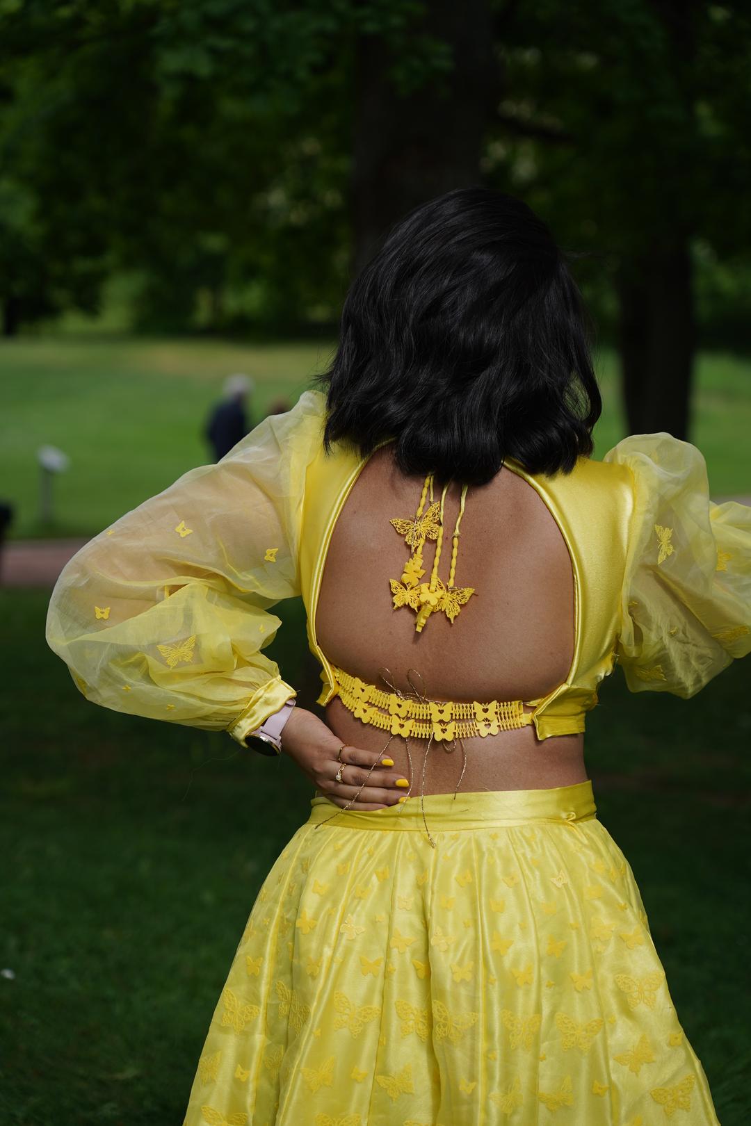 Yellow Lehenga with 3D printed Butterflies blouse back